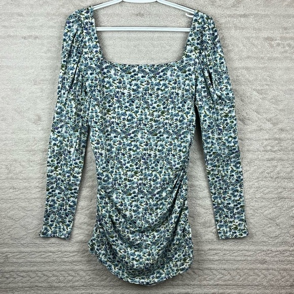 Cottagecore Floral Ruched Top Ditzy Print Puff Sleeve Large Square Neckline - Picture 8 of 15